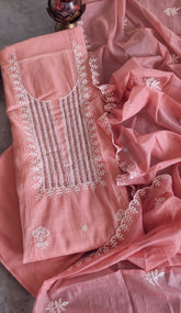 Elegant Soft Mul Chanderi Chikankari Suit with Cut-Dana Detailing & Scalloped Dupatta